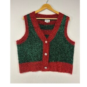 Christmas Holiday Major Major Women Large Red Green Sparkly Eyelash Sweater Vest